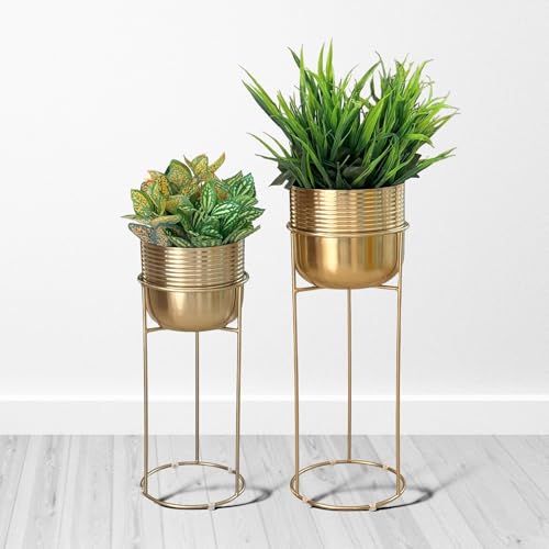 Image of Decorative Ribbed Gold Planters with Stands for Indoor Plants | Electroplated Gold Metal Planters for Living Room Bedroom Balcony Home and Office | Set of 2
