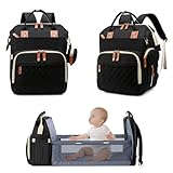 Fexkean Nappy Changing Backpack, Waterproof Multi-Function Large Capacity Diaper Baby Travel Bag with Bed 3 in 1 Foldable Crib Unisex for Mom and Dad Black