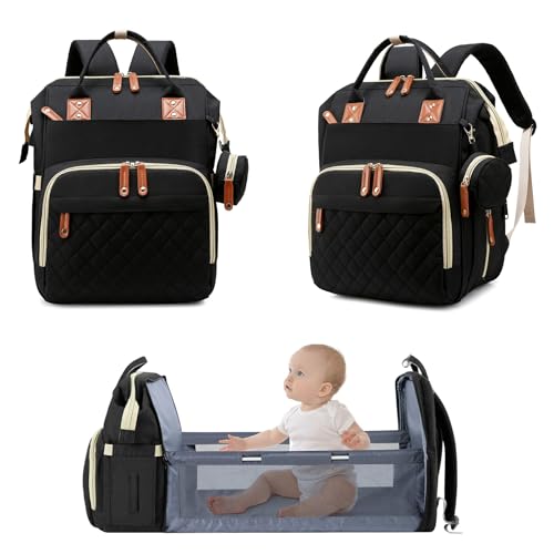 Fexkean Nappy Changing Backpack, Waterproof Multi-Function Large Capacity Diaper Baby Travel Bag with Bed 3 in 1 Foldable Crib Unisex for Mom and Dad Black