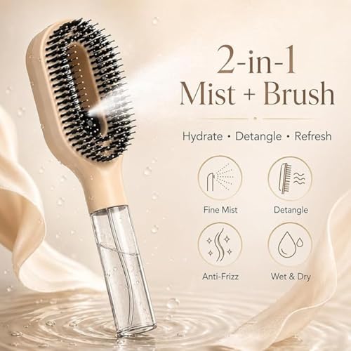 Image of 2-in-1 Spray Comb for Hair, Water Spray Detangling Brush with Built-In Mist Bottle, Anti-Frizz Wet Hair Brush for Men, Women & Kids Ideal for Long, Thick & Curly Hair (Beige)