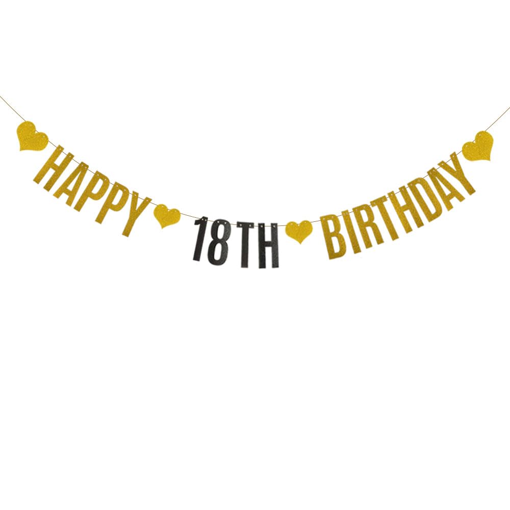 HAPPY 18TH BIRTHDAY Banner,Pre-Strung,Gold Paper Glitter Party Decorations for 18th Birthday Party Supplies Letters Gold ZHAOFEIHN
