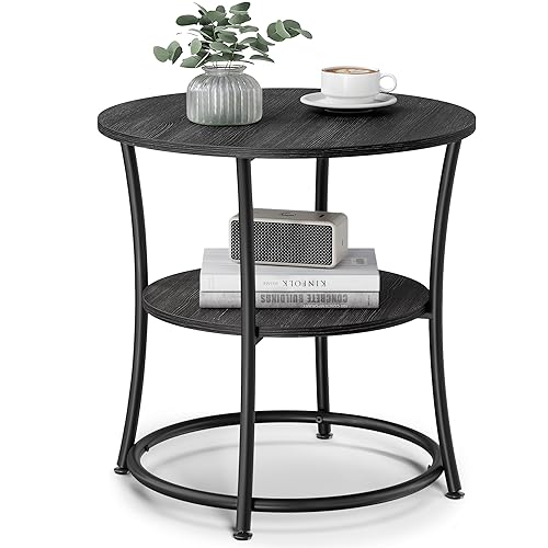 VASAGLE Side Table, 2-Tier Round End Table, Nightstand with Steel Frame for Small Spaces, Living Room, Bedroom, Charcoal Gray and Ink Black Charcoal Gray + Ink Black Without Power Strip