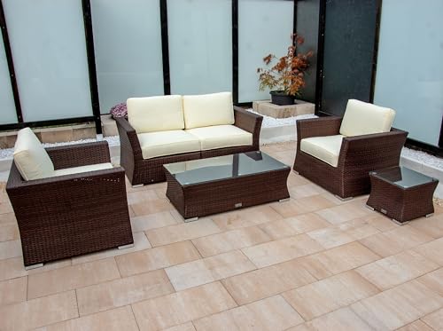 Ragnarök-Möbeldesign PolyRattan Lounge - Deutscher Hersteller - 8 Jahre GARANTIE - Tisch Sofa Sessel Gartenmöbel Glas Polster Aluminium Rattan Isfjord Braun Beige