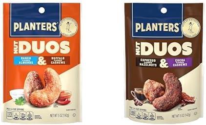 PLANTERS Nut Duos Bundle, Flavored Nuts, Snacks Variety Pack - Ranch Almonds & Buffalo Cashews 5oz + Cocoa Cashews & Espresso Hazelnuts 5oz