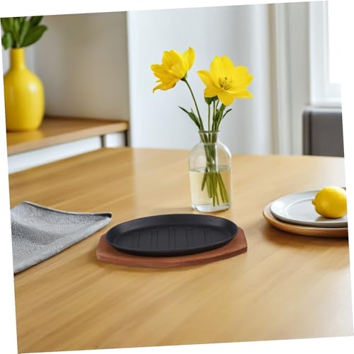 GRIRIW Cast Iron Sizzling Steak Plate and Griddle Pan 12-inch with Wooden Base, Teppanyaki BBQ Frying Pan for Beef and Seafood Serving, Iron Fajita Plate Set with Fork for Home and Restaurant Use - Image 4