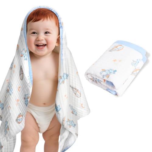 Image of Muslin Baby Towels Bath Towels 43 x 43 Inch Soft 100% Cotton Cute Animal Print Washcloths Extra Large Baby Bath Towels for Newborns Infants Toddlers Kids