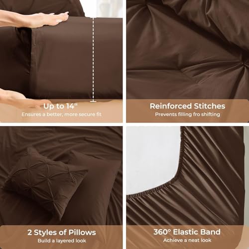 Image of Sasttie King Size Comforter Set, 7-Piece Bed in a Bag, Pintuck Bedding Set for All Season, Includes Comforter, Flat Sheet, Fitted Sheet, Pillowcases and Pillowshams, Dark Brown