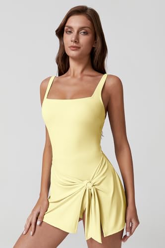 Image of QINSEN Square Neck Swim Dress for Women Tummy Control One Piece Swimsuit Wrap Bathing Suit