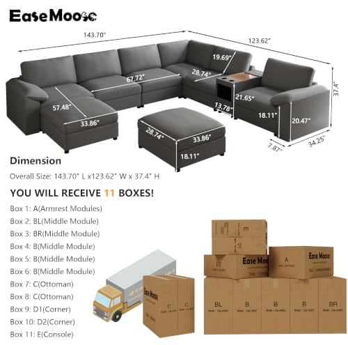 Image of EASE MOOSE Faux Leather Sectional Couch, Oversized Modular Sofa, Modern Comfy Modular Couch, Scratch Resistant Material Sofas, U Shaped Couch for Big Spaces, Dark Grey
