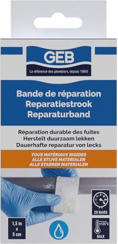 GEB Bande de réparation en fibre de verre pour fuites, fissures et trous sur tous matériaux rigides : cuivre, inox, acier, fonte, PVC, fibre de verre, bois, béton,...