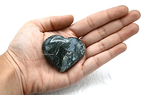Image of Certified Moss Agate Crystal Heart Palm Pebbles Stones for Anxiety Stress Relief Massage - AAA Grade Original Healing Gemstone Agate Heart Palm Stone for Yoga Meditation Spiritual