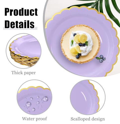 Image of HEIPINIUYE 50 Pieces Lavender Paper Plates with Gold Foil 9 Inch Disposable Light Purple Scalloped Dinner Plates for Wedding Baby Shower Birthday Party Dessert Plate