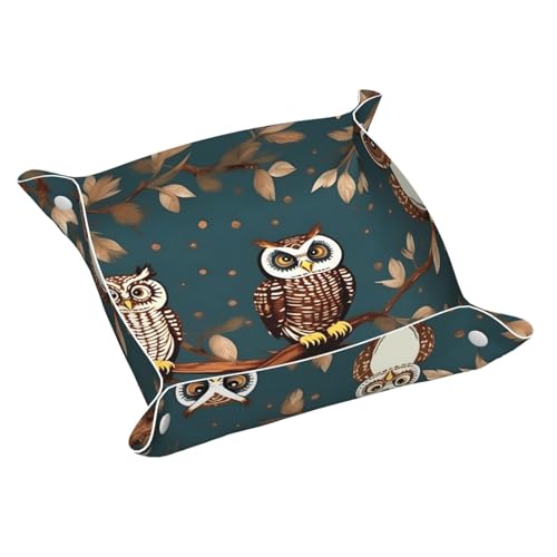 Bandeja de cuero con estampado de búhos en ramas de árbol, organizador de almacenamiento de escritorio, bandeja decorativa, bandeja para mesita de noche