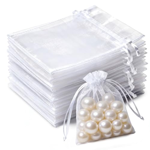 Admygo 50 PCS White Organza Gift Bags 7 x9 cm Clear Mesh Pouches Jewellery Bags Candy Mesh Pouches for Wedding Favours Christmas Birthday Anniversary Party Supplies