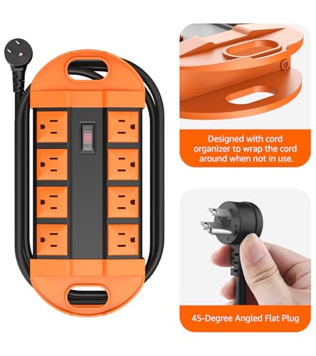 Image of CCCEI Outdoor Power Strip Weatherproof with 8 Plug, Waterproof Extension Cord with Multiple Outlets, Christmas Exterior Garden Yard Surge Protector 15FT, Orange.