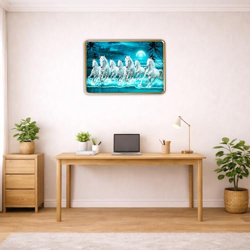 Image of XOPY Seven Running Horses with Golden Frame | Vastu 7 horses Raw Pyrite Painting for Home, Office & Living Room Wall Decore | 12X18 Inch Sparkle Laminated Frame | Best For Gifting (53322, 12X18)