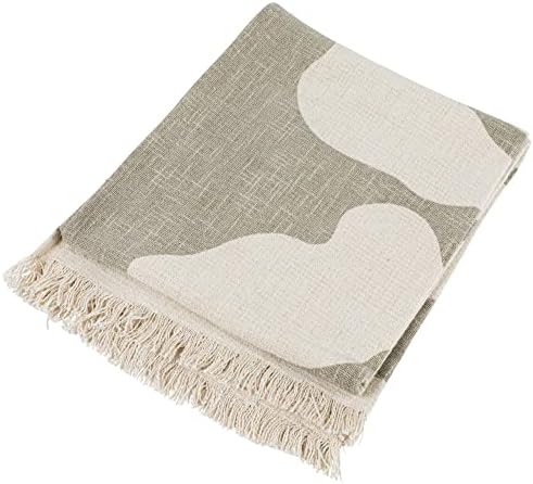Bloomingville Cotton Slub Botanical Print and Fringe, Tan Blanket Throw