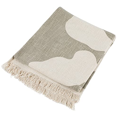 Bloomingville Cotton Slub Botanical Print And Fringe, Tan Blanket Throw #TOP2