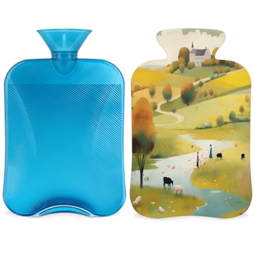 Hot Water Bottle with Soft Cover,2L Modern Village Hot Water Bag for Hot and Cold Compress, Hand Feet Warmer, Watercolor Village Rubber Hot or Cold Water Bottle Halloween Christmas Decorations