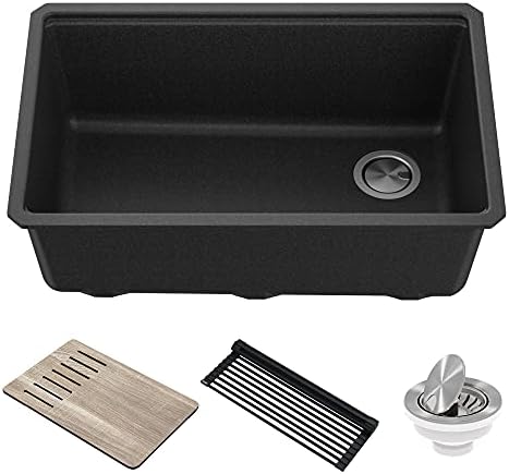 KRAUS Bellucci Workstation 30-inch Undermount Granite Composite Single Bowl Kitchen Sink in Metallic Black with Accessories, KGUW2-30MBL