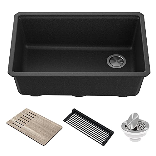 Kraus Bellucci Workstation 30-Inch Undermount Granite Composite Single Bowl Kitchen Sink In Metallic Black With Accessories, Kguw2-30Mbl #TOP2