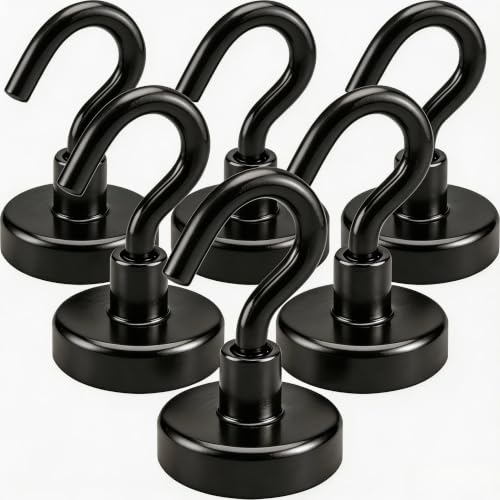 Neodymium Black Magnetic Hooks, 20LB Strong Magnetic Hooks for Cruise, Grill, Towel, Indoor Hanging, Kitchen, Workplace, Office and Garage - 6 Pack