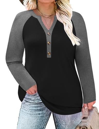 TFSDOD Plus Size Tops for Women Raglan Long Sleeve V Neck T Shirt Color Block Tunic Casual Loose Blouses