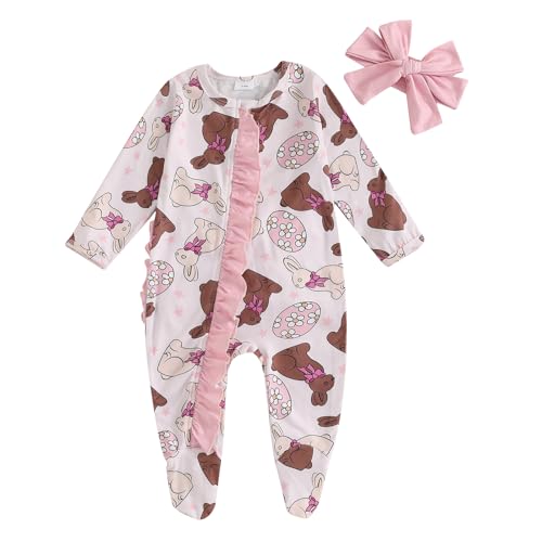 MoZiKQin Newborn Baby Girl Ruffle Romper Knit Sweater Footie Jumpsuit Long Sleeve Zipper Romper Cute Fall Winter Outfits (Easter Eggs Bunny-brown,Newborn)