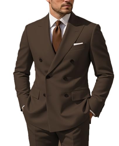 Mens Suit Slim Fit 2 Piece Double Breasted Blazer+Pants Wedding Grooms(Coffee Medium)