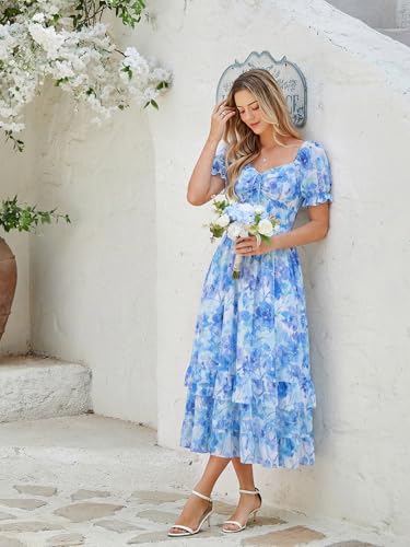 Image of Scarlet Darkness Women Floral Maxi Dress Puff Sleeve Tea Party Corset Dress | Pockets, Ruched Bust, Ruffled Hem, for Cottagecore Fairy Milkmaid Vacation