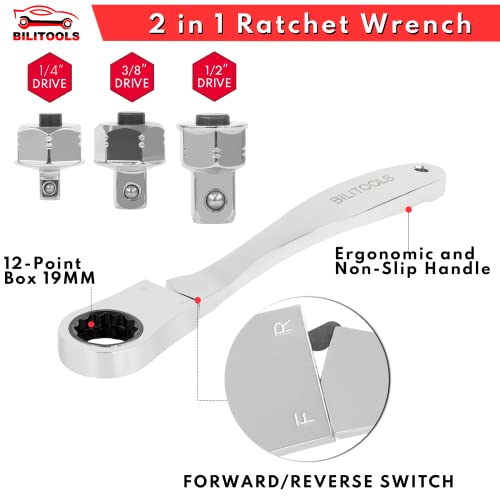 Bilitools 19Mm Ratcheting Wrench Ratchet Handle, With 3 Square Drive Adapter 1/4", 3/8" & 1/2" 72-Tooth, Quick-Release Reversible #TOP3