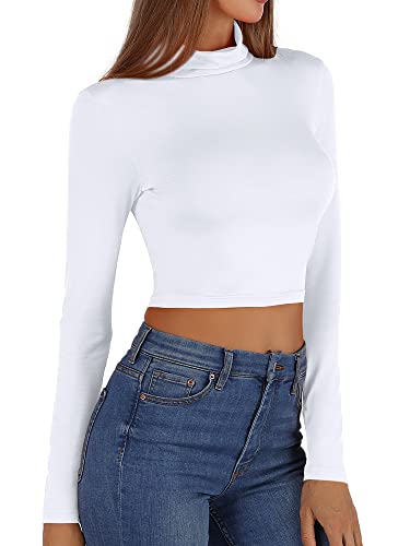 Msbasic White Long Sleeve Shirts For Women Basic Turtleneck Crop Shirts For Women((White,M) #TOP4