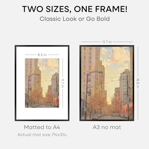 Image of Homeforia A3 Black Picture Frame, High-End Metal, A4 Mat, Glass | High End Aluminum, Tempered Glass, Acid-Free A4 Removable Mat, A3 Edge-to-Edge Display, Wall Kit, Set Of 4