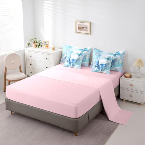 Image of Floral Marble Butterfly 7 Pieces Bedding Set Full Size,Blue Tie Dye Bed in a Bag,Elegant Marble Texture Bed Set Includes Comforter,Sheet Set,Pillowcases & Pillow Covers,Modern Aesthetic Bedroom Decor