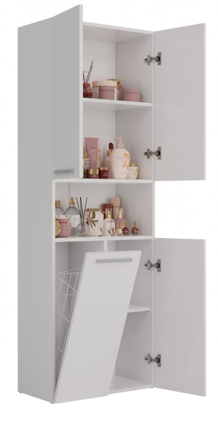 BDW szafka łazienkowa, kosz na pranie, 4-drzwiowa 174 x 60 x 30 cm szafka podblatowa, szafka pod umywalkę, wysoka szafka, meble łazienkowe, szafka łazienkowa, regał łazienkowy, NEL 1K/DK (Biały)