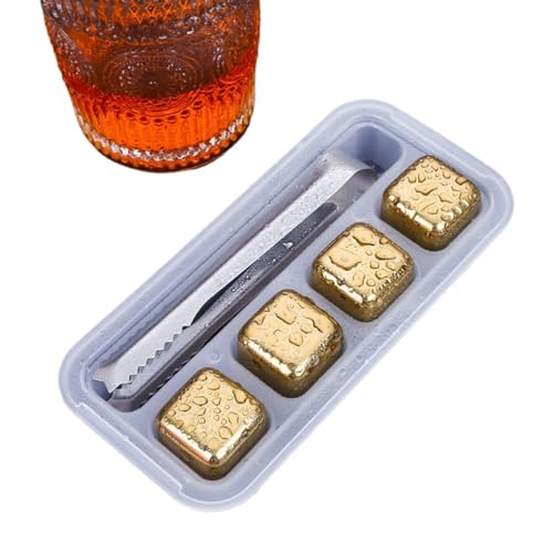304ステンレス鋼アイスキューブ冷凍氷粒アイスホッケーセット金属氷酒石バー冷凍冷凍冷凍神器酒具 (4金色の氷粒+箱+専用の氷クリップ)