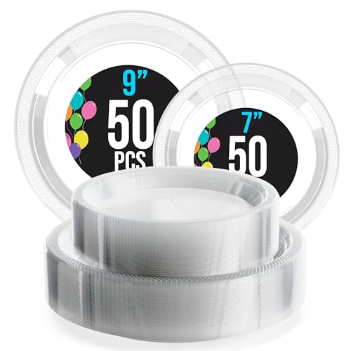 Exquisite Party Solids Clear Plastic Plates for Party Supplies, Clear Disposable Plates 100 Pcs - 50-7" & 50-9" Heavy Duty 350 GSM Disposable Dinnerware Sets, Plastic Dinnerware Sets