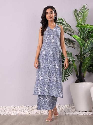 Image of Varanga Women Printed Straight Kurta Set with Trouser & Dupatta | Pure Cotton Fabric | Halter Neck | Sleeveless | Casual Wear