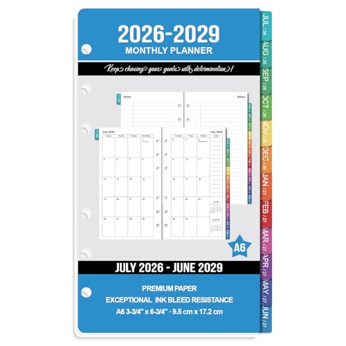 2026-2029 Monthly Planner Refills: 36 Months A6 Planner Inserts for 6-Ring Binder July 2026 - June 2029 6-Hole Punched A6 Binder Inserts Calendar Inserts with Monthly Tabs 3-3/4 x 6-3/4