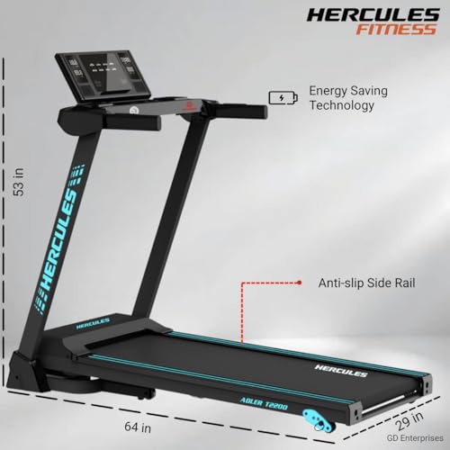 Image of Hercules Fitness T2200 1.5 /3.0 HP Peak BLDC Motorized Foldable Treadmill | 3 Level Manual Incline | Bluetooth MP3 Player Available | Max Speed 16 Km /Hr | Max User Weight 110 Kg