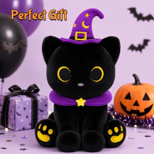 Image of Black Cat Plush - Halloween Stuffed Animal with Witch Hat & Scarf | 8inch Soft Spooky Plush Toy for Kids, Cute Boo Gift for Halloween Favor & Basket Stuffer