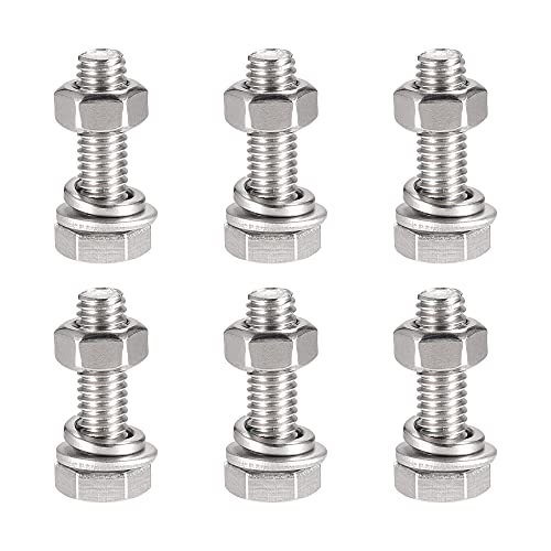 sourcing map M6 x 20mm Hex Head Screws Bolts, Nuts, Flat & Lock Washers Kits, 304 Stainless Steel Fully Thread Hexagon Bolts 6 Sets