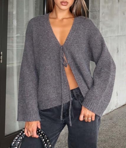 Women's Tie Front Cropped Cardigan Sweater V-Neck Bow Open Front Sweater Crochet Cable Ribbed Knit Top2