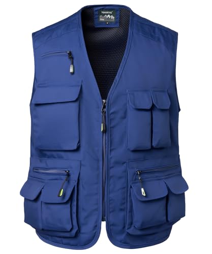 Yukirtiq Homme Gilet de Pêche Multi-Poches Gilet de Plein air Veste sans Manches pour Safari Journaliste, Bleu, XL