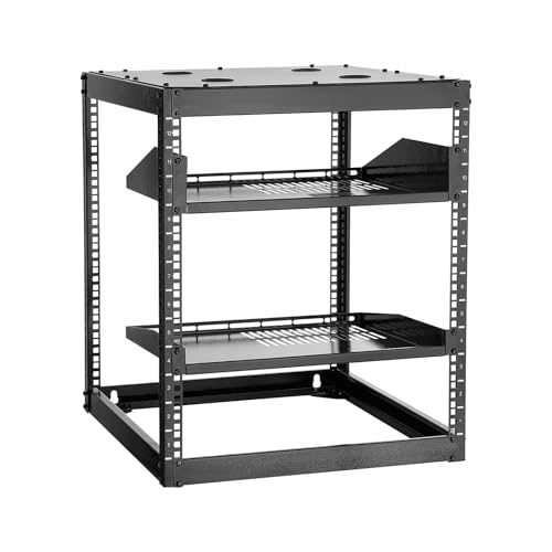 VEVOR Rack de Red Abierto de 12U, 585 mm de Profundidad, Rack de Servidores de Pared o de Suelo, Resistente 4 Postes, con Estantes Ventilados y Herrajes de Montaje, para Todo Equipo de Red/IT/AV