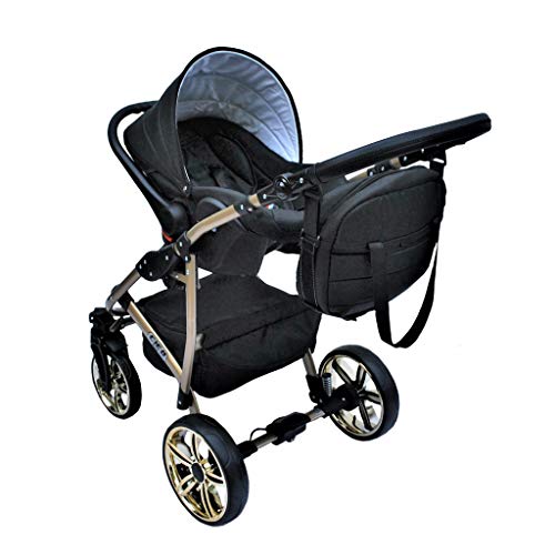Cleo Kombi Kinderwagen 3 in 1 schwarz/gold - mit Vollgummireifen