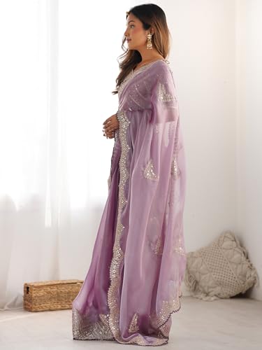 Image of Satrani Women's Tissue Silk Sequin Embroidery Scalloped Border Saree with Unstitched Blouse Piece