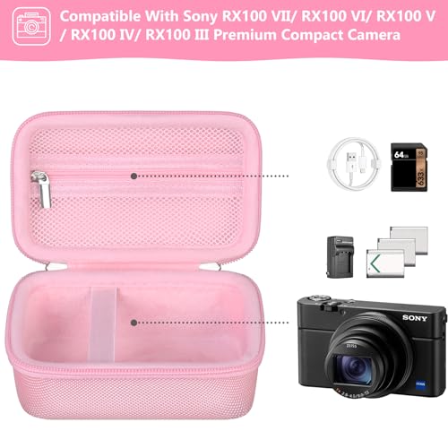 Image of Carrying Case for Sony RX100 VII / RX100 VI / RX100 V / RX100 IV / RX100 III Premium Compact Camera, Storage Holder Travel Bag with Zipper Mesh Pocket for Charging Cable, USB Card, Pink