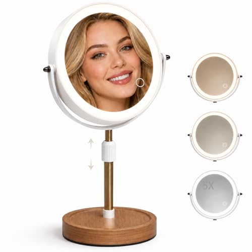 Makeup Mirror with Lights, 1X/5X Double Sided Magnifying Vanity Mirror, Rechargeable Lighted Desk Mirror with 3 Color Dimmable LEDs, Height Adjustable, 360°Rotation, Touch Control, Gift for Women
