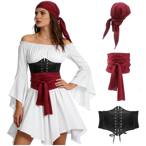 Piratenkostüm Damen Set, Piraten Karneval Kostüm Damen, Off-Shoulder Weißes Kleid mit Korsett, Kopftuch & Taillenschal Mittelalter Kleidung Frauen...